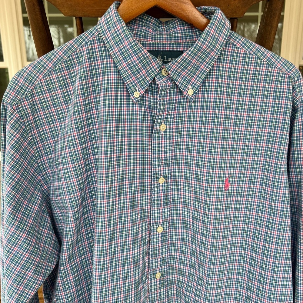 Ralph Lauren Men’s Classic Fit Button Down Shirt Plaid Blue Pink Long Sleeve XL